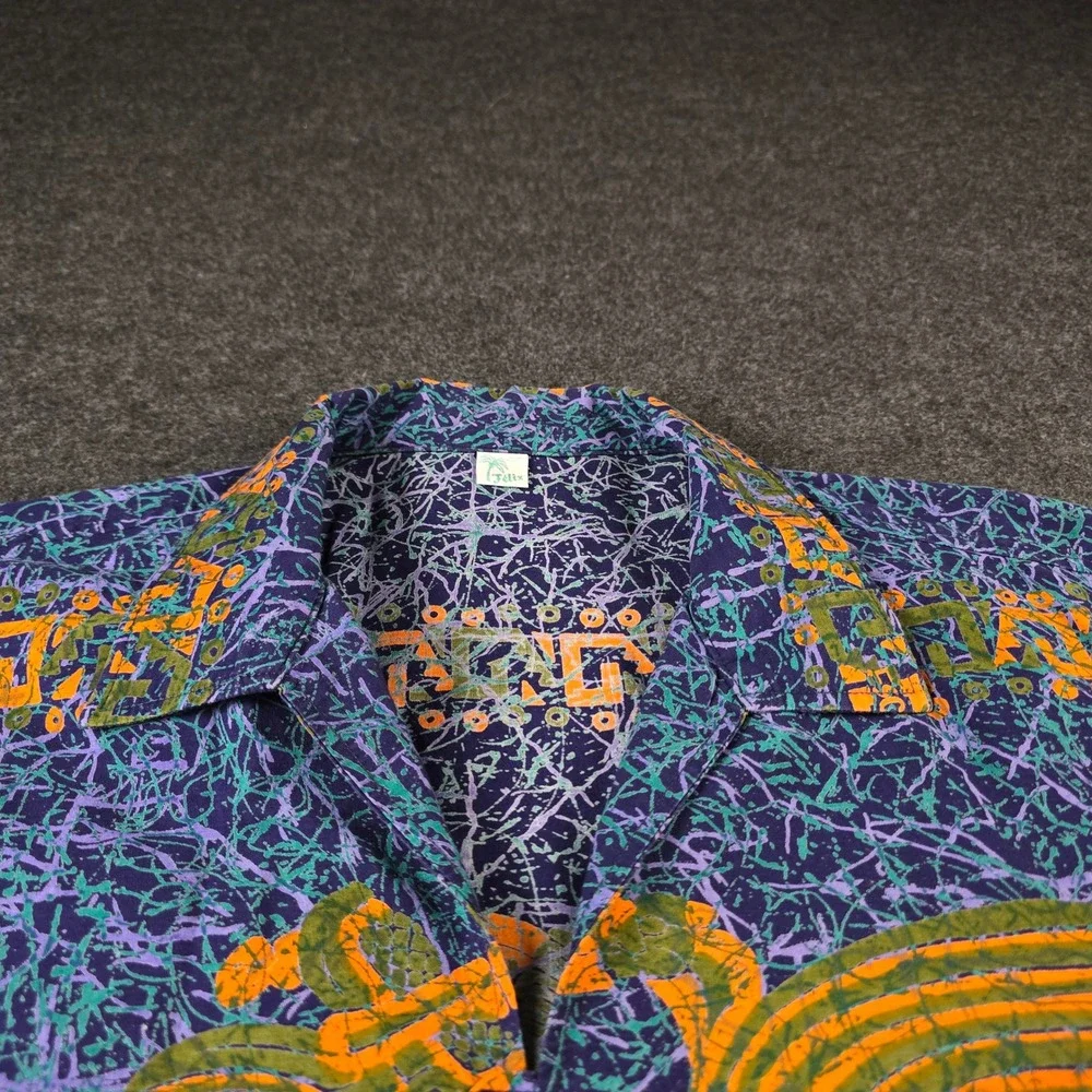 Vtg Button Down Camp Shirt Mexico Aztec Mayan Batik Graphic Print Men's XL